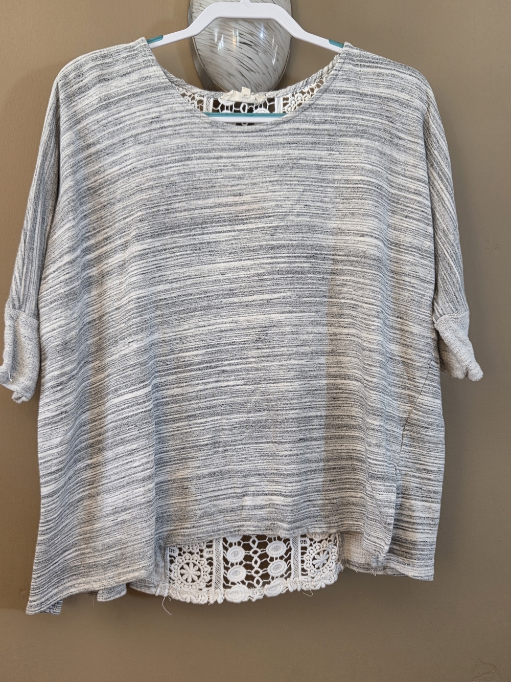 Dept 222 Casual Gray Striped Knit Tunic with Crochet Hem